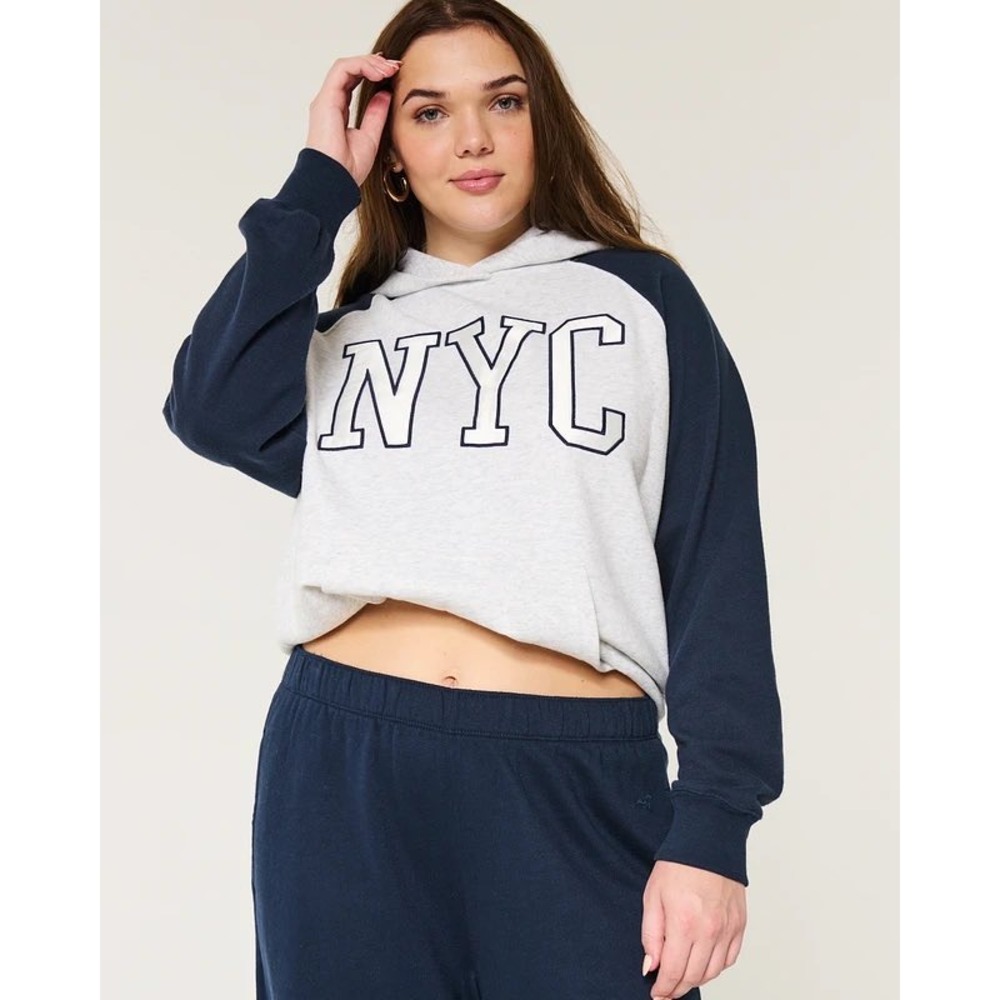 Hollister NYC Graphic Hoodie Grey Navy Colorblock Raglan XL Women New